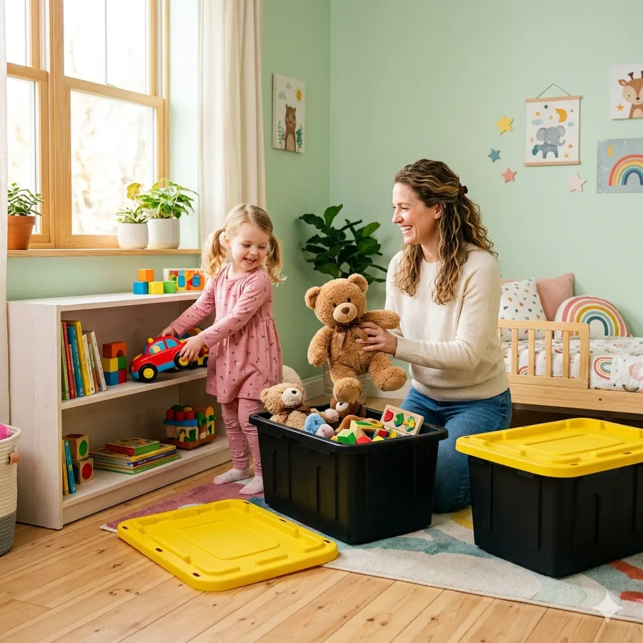 Mom and Daughter unpacking toys from totes in new bedroom